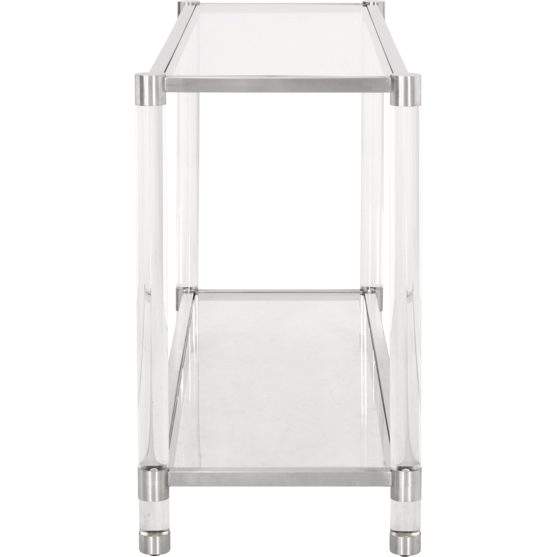 Nouveau Console Table by Essentials For Living in brass, clear. Made from metal, acrylic, glass in a transitional style.