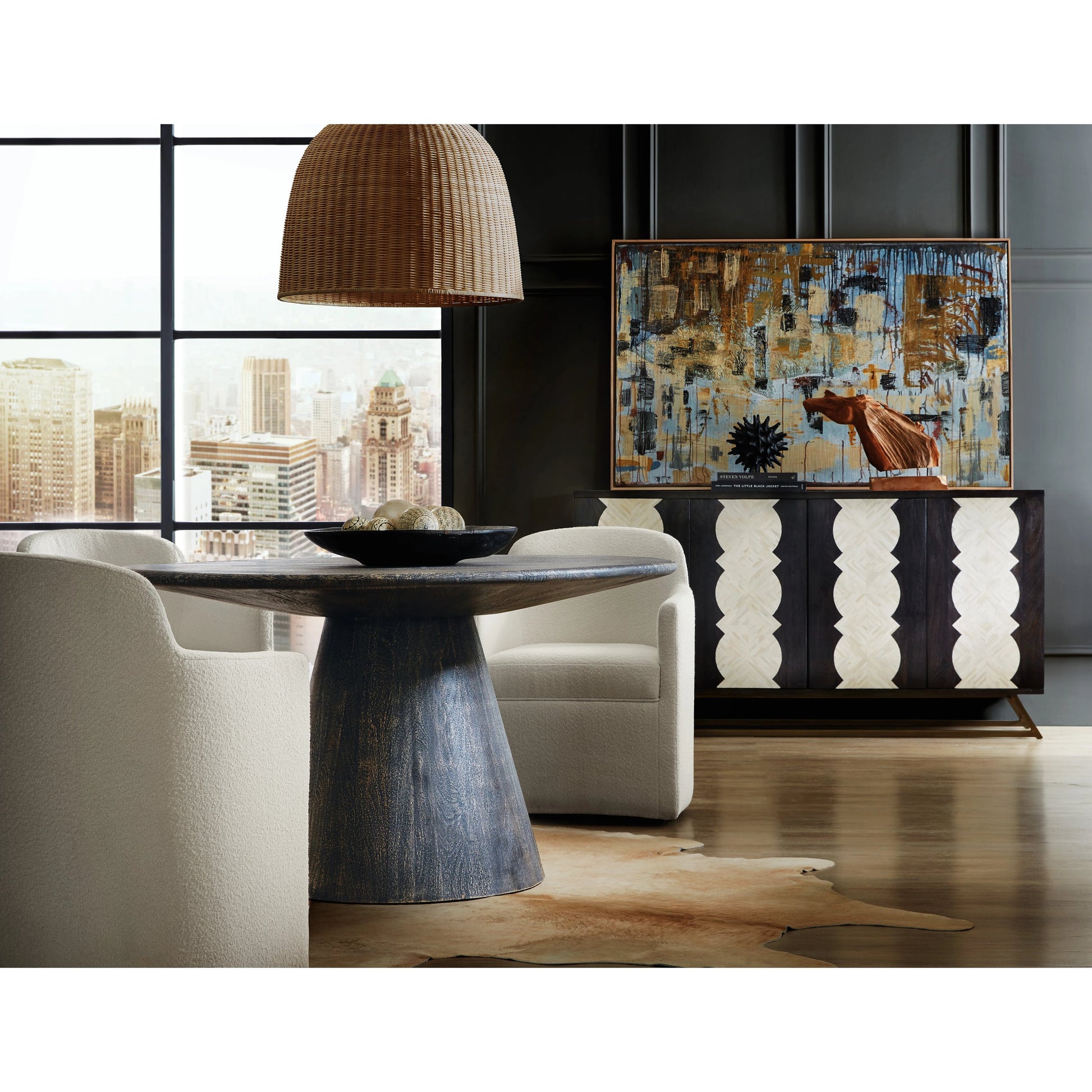 Commerce and Market Moroccan Modern Credenza by Hooker Furniture in black, bone inlay. Made from mango solids, bone, iron in a modern style.