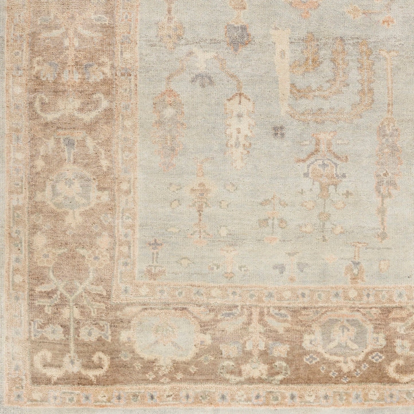 004 74207-27099,74207-27100,74207-27101,74207-27102,74207-27103 | Closeup | Normandy Rug - 13140 by Surya in cream, light sage, tan, medium brown, ice blue. Made from 100% wool in a unique style.