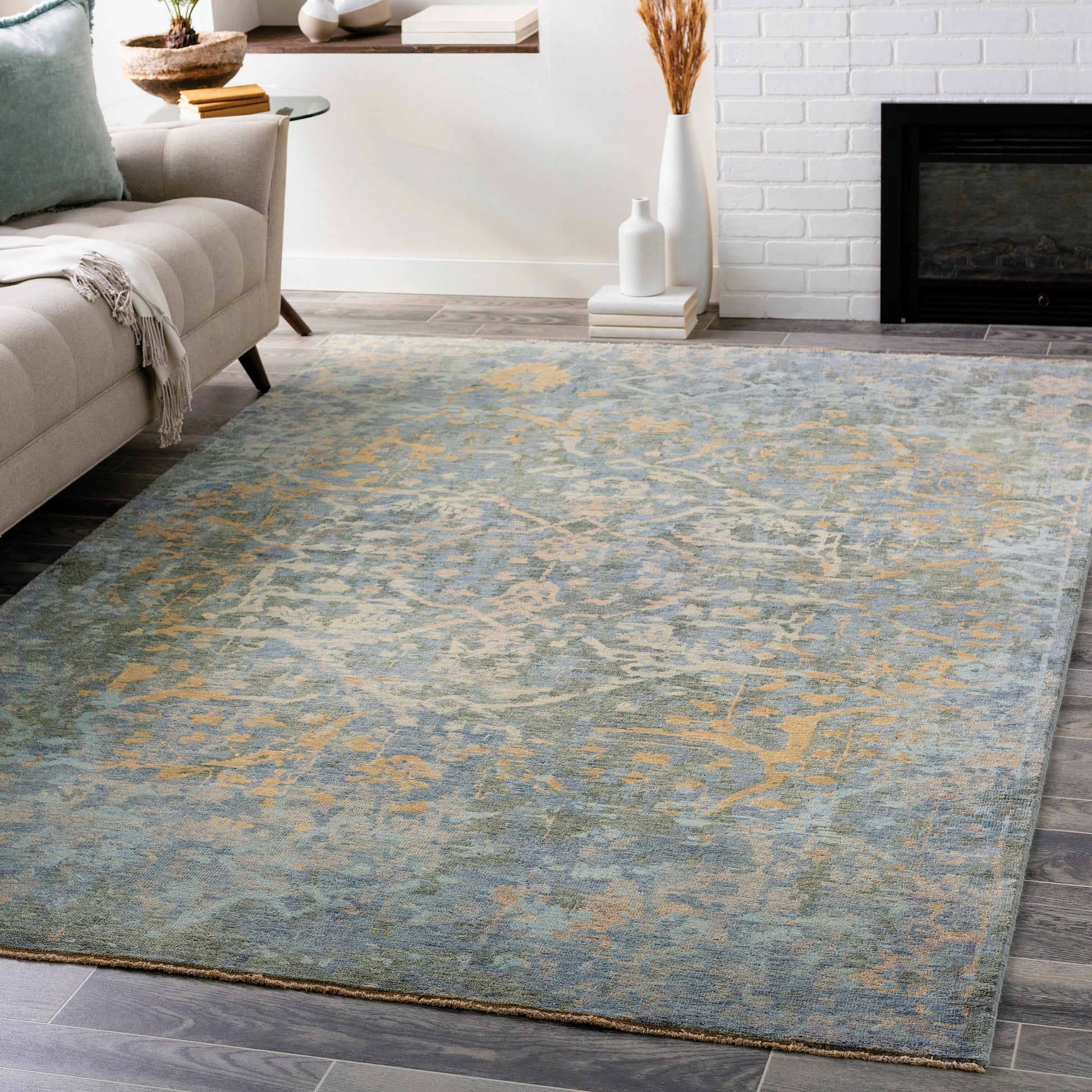 Normandy Rug - 23602 by Surya in blue, dusty sage, wheat, light blue, tan, light beige. Made from 100% wool in a unique style.