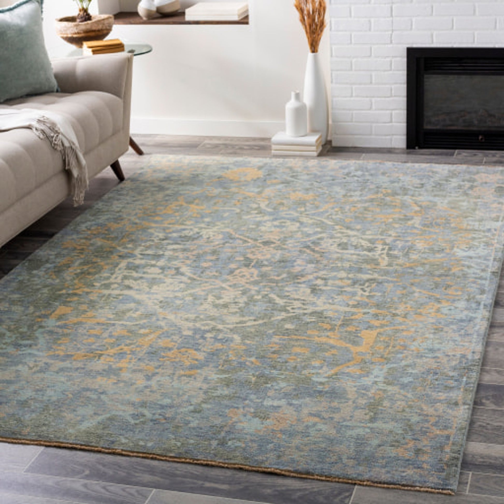 Normandy Rug - 23602 by Surya in blue, dusty sage, wheat, light blue, tan, light beige. Made from 100% wool in a unique style.