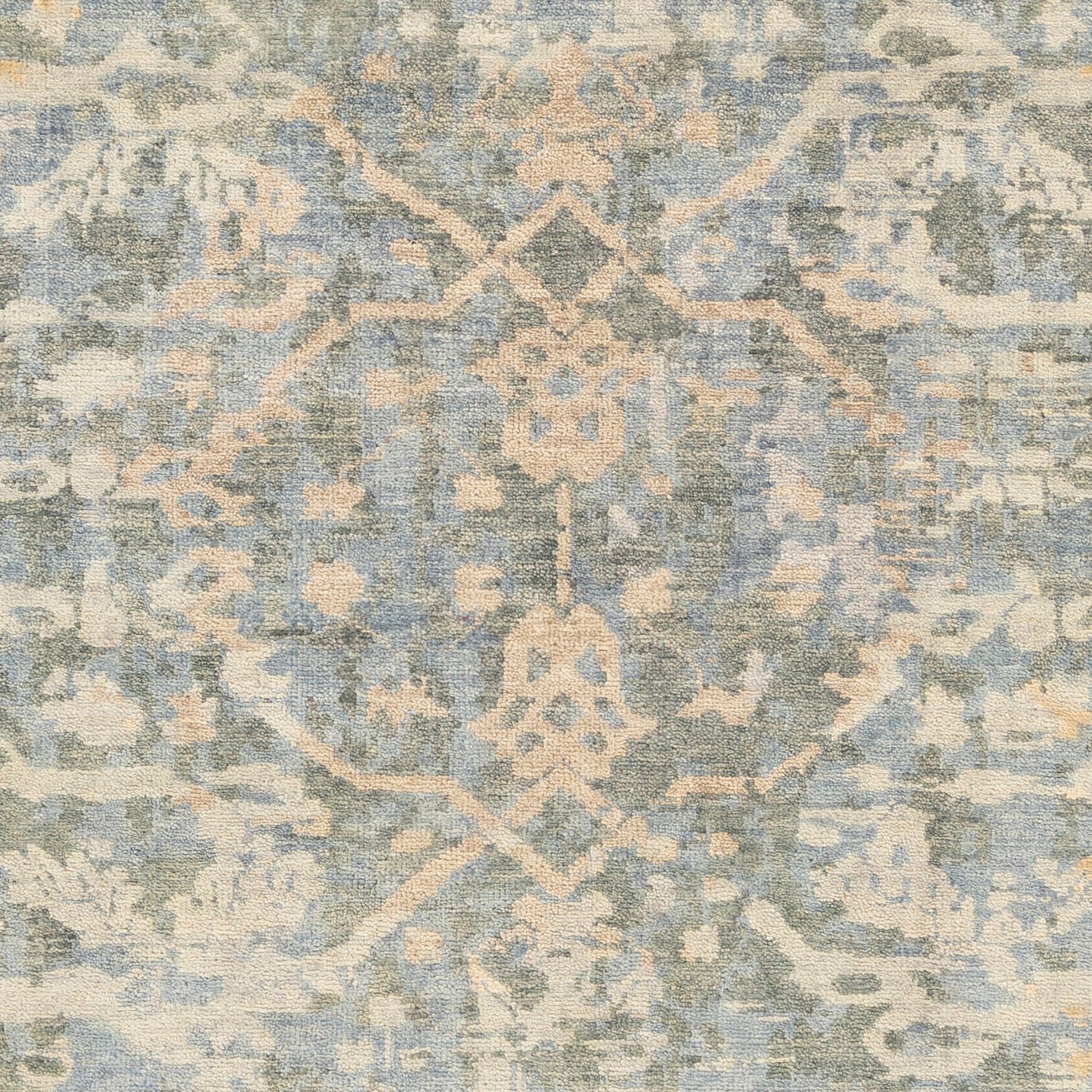 007 SI-1887604,SI-1887605,SI-1887608 | Closeup | Normandy Rug - 23602 by Surya in blue, dusty sage, wheat, light blue, tan, light beige. Made from 100% wool in a unique style.