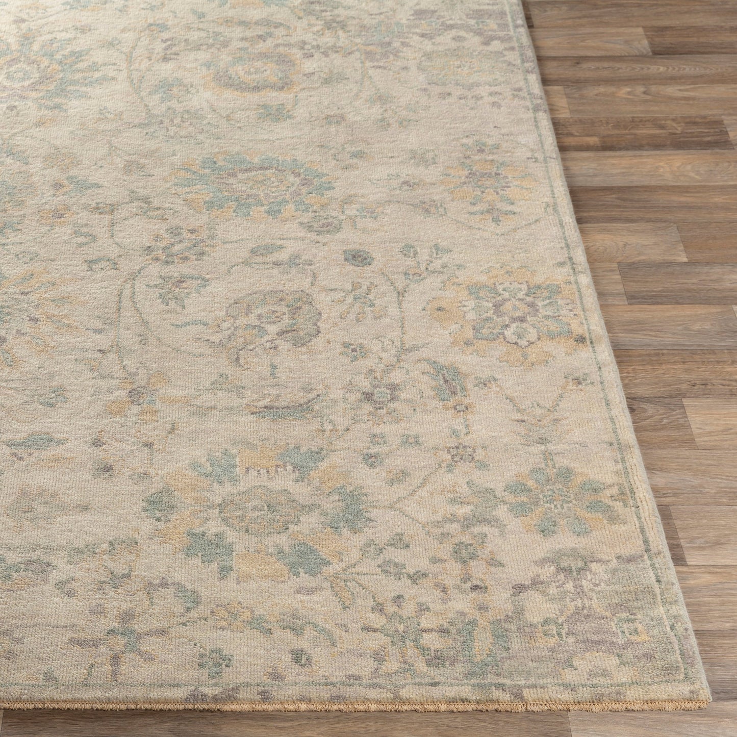 005 SI-1887609,SI-1887610,SI-1887611,SI-1887612,SI-1887613 | Closeup | Normandy Rug - 23603 by Surya in wheat, light sage, teal, lavender. Made from 100% wool in a unique style.