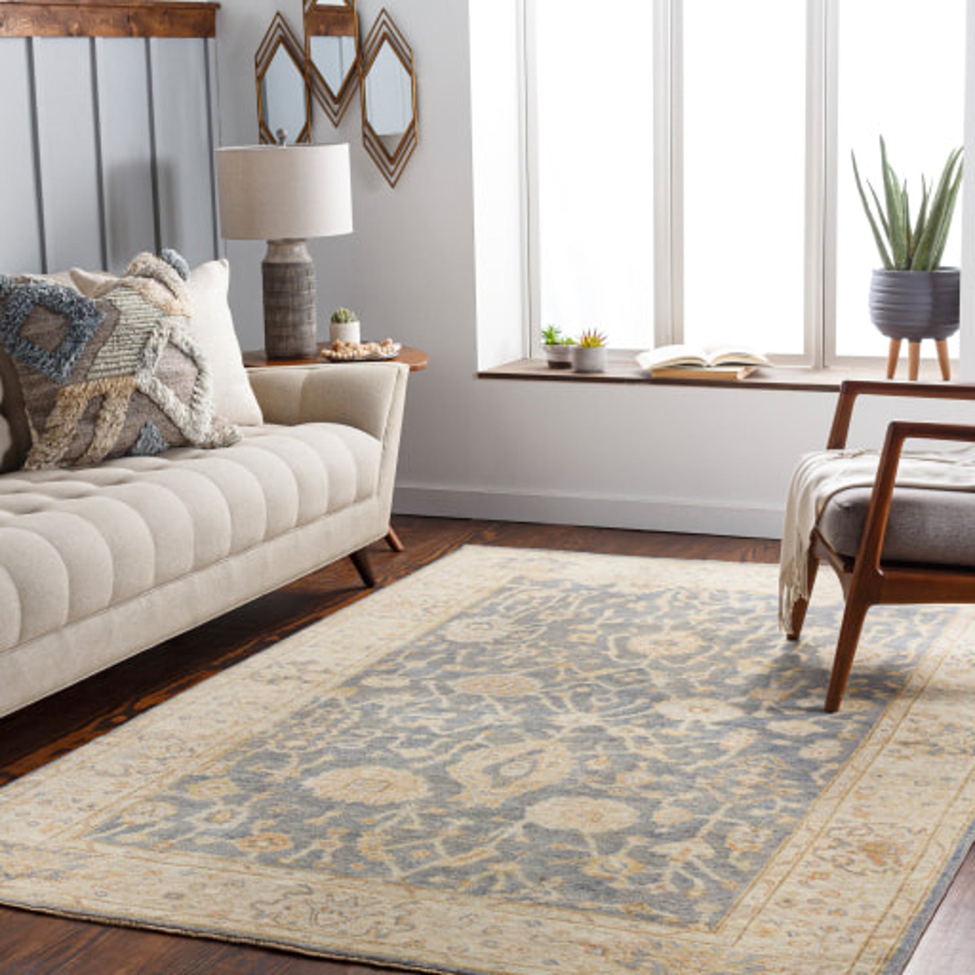 Normandy NOY-8007 Rug by Surya in charcoal, medium gray, beige, light blue, dark brown, dusty coral. Made from 100% wool in a unique style.