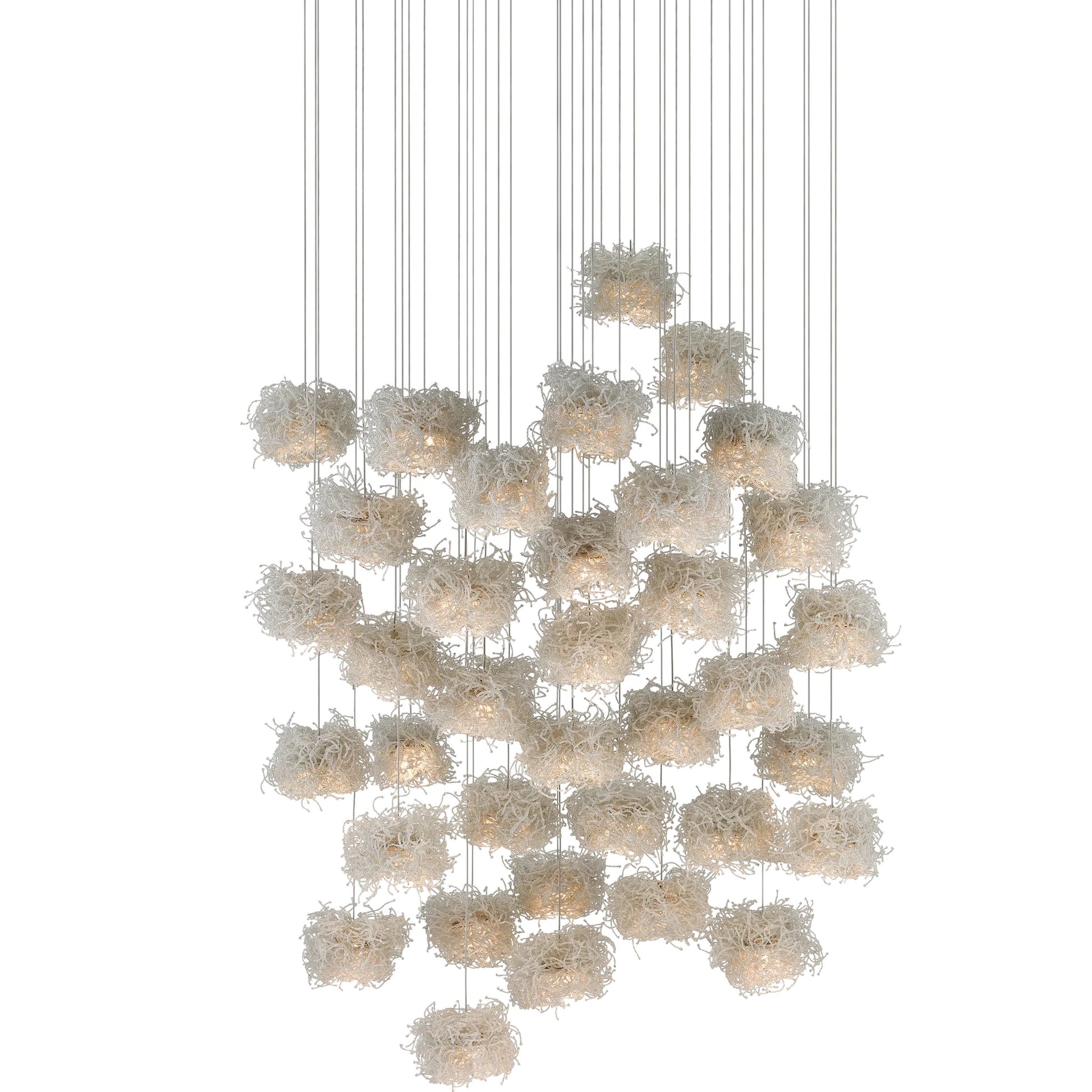 Birds Nest Pendant by Currey and Company in painted silver, clear. Made from metal, glass bead in a modern style.