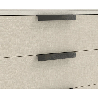 Cotiere Nightstand in Linen by A.R.T. Furniture in linen. Made from parawood solids, mixed split cathedral, quarter white oak veneers, fabric in a transitional style.