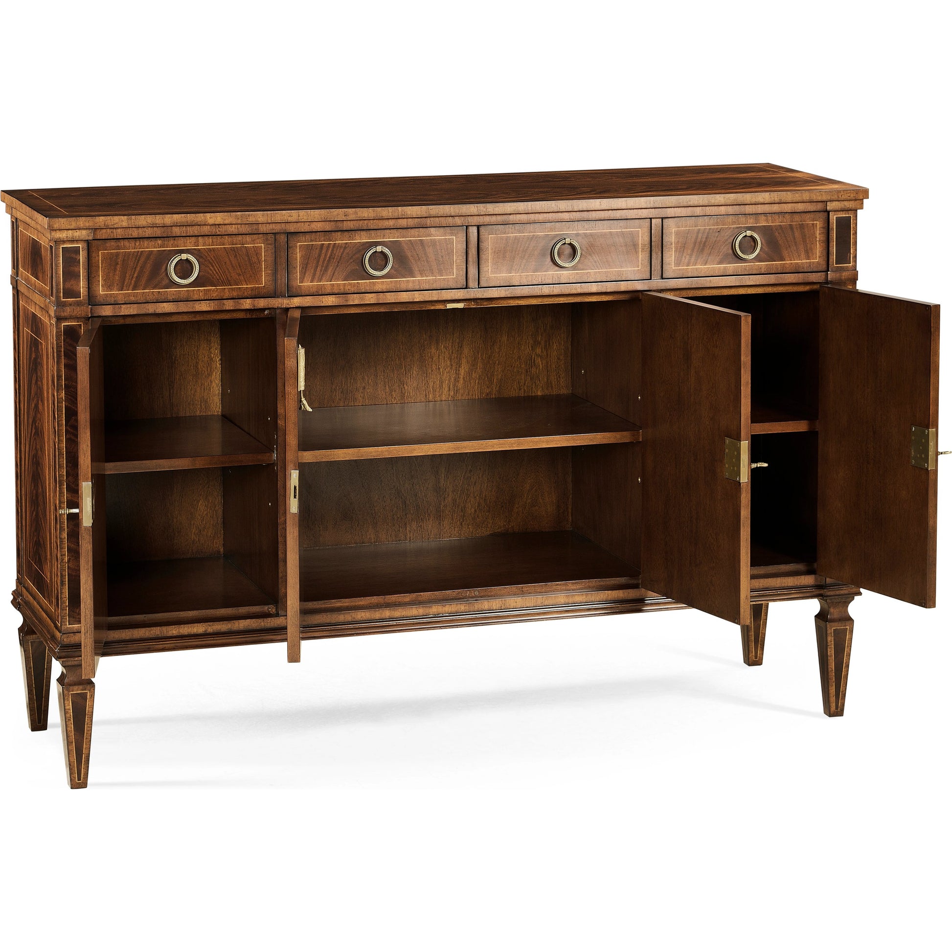 Buckingham Regency Style Mahogany Credenza by Jonathan Charles in brown and medium antique mahogany. Made from acacia in a traditional style.