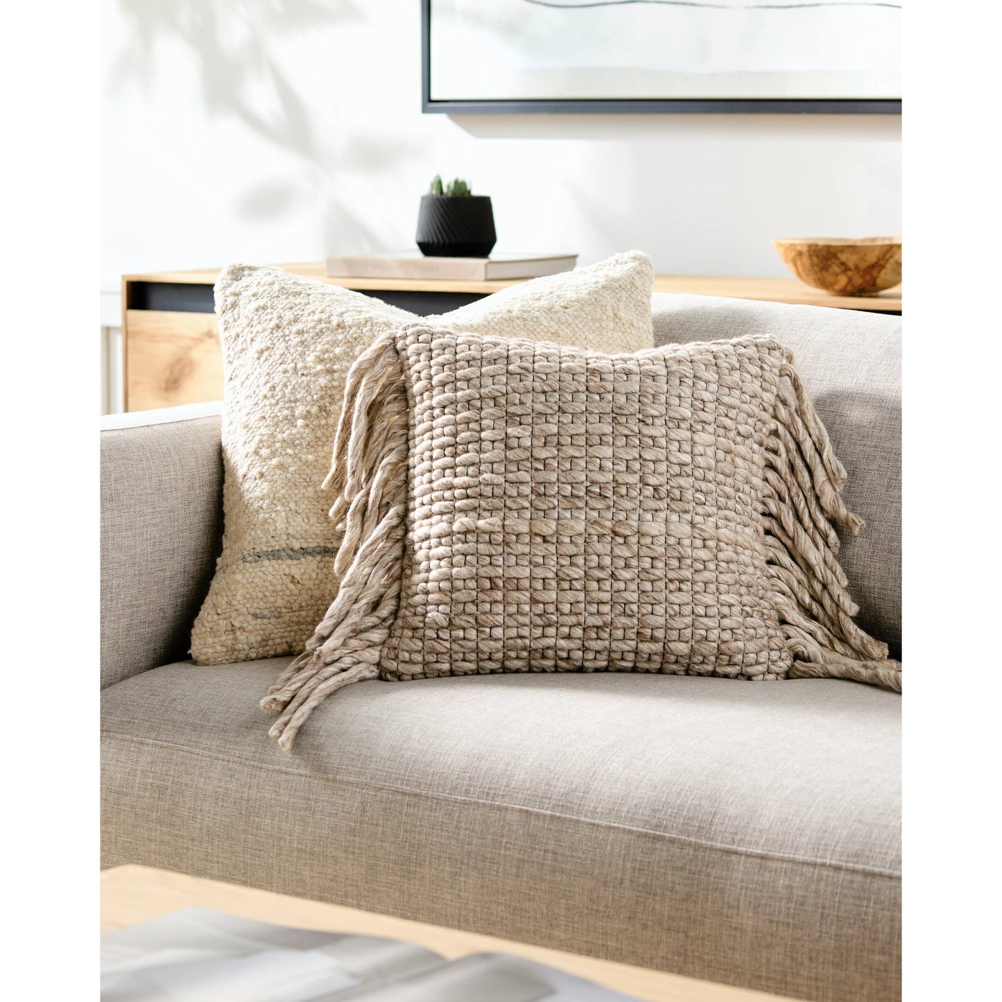 009 SI-1887038,SI-1887039,SI-1887040,SI-1887041 | Lifestyle | Narvik Pillow - 31906 by Surya in brown, light beige, off-white. Made from 100% wool, 100% cotton in a cottage & farmhouse style.