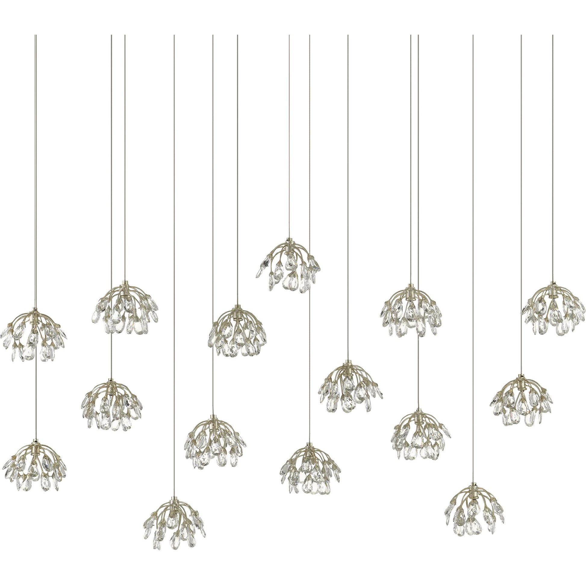 Crystal Bud Linear Pendant by Currey and Company in painted silver, contemporary silver leaf. Made from crystal, wrought iron in a transitional style.