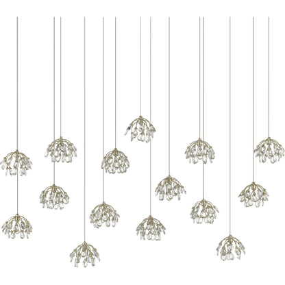 Crystal Bud Linear Pendant by Currey and Company in painted silver, contemporary silver leaf. Made from crystal, wrought iron in a transitional style.
