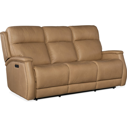 Rhea Zero Gravity Power Recline Sofa by Hooker Furniture. Made from leather in a traditional style.
