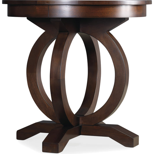 Kinsey Round End Table by Hooker Furniture in dark walnut. Made from quartered walnut veneer in a traditional style.