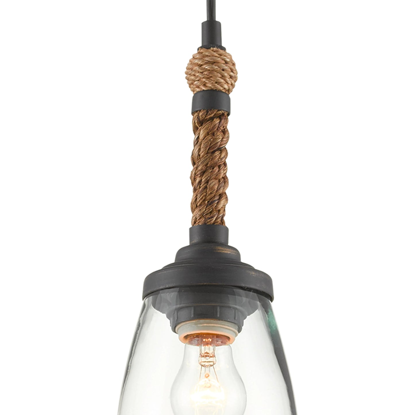 003 SR-823596 | Closeup | Hightider Pendant by Currey and Company in french black, natural rope. Made from wrought iron, abaca rope, recycled glass in a modern style.