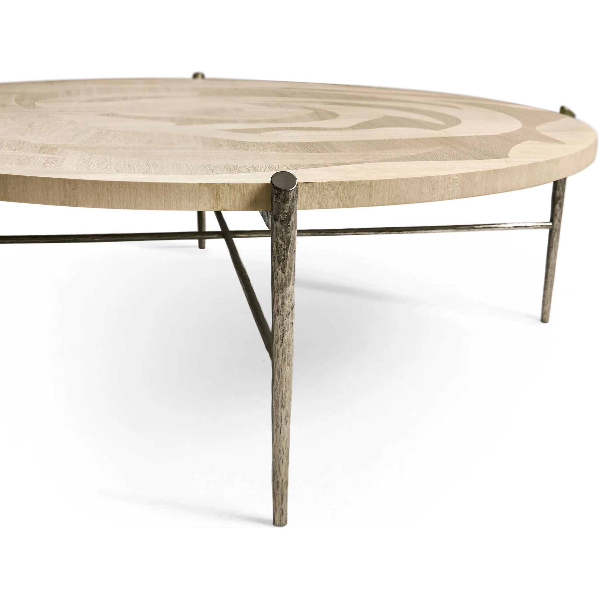 Tidepool Round Cocktail Table by Jonathan Charles in beige and natural dyed koto. Made from koto veneer, stainless steel in a transitional style.