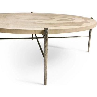 Tidepool Round Cocktail Table by Jonathan Charles in beige and natural dyed koto. Made from koto veneer, stainless steel in a transitional style.