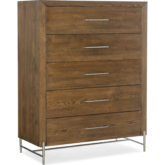 Chapman Five-Drawer Chest by Hooker Furniture in sorrel. Made from white oak veneers, metal in a modern style.