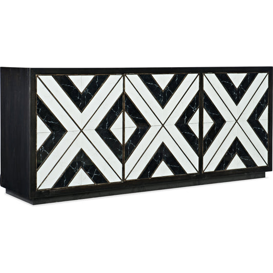 Sanctuary Noir Et Blanc Entertainment Console by Hooker Furniture in noir. Made from oak veneers, glass in a modern style.
