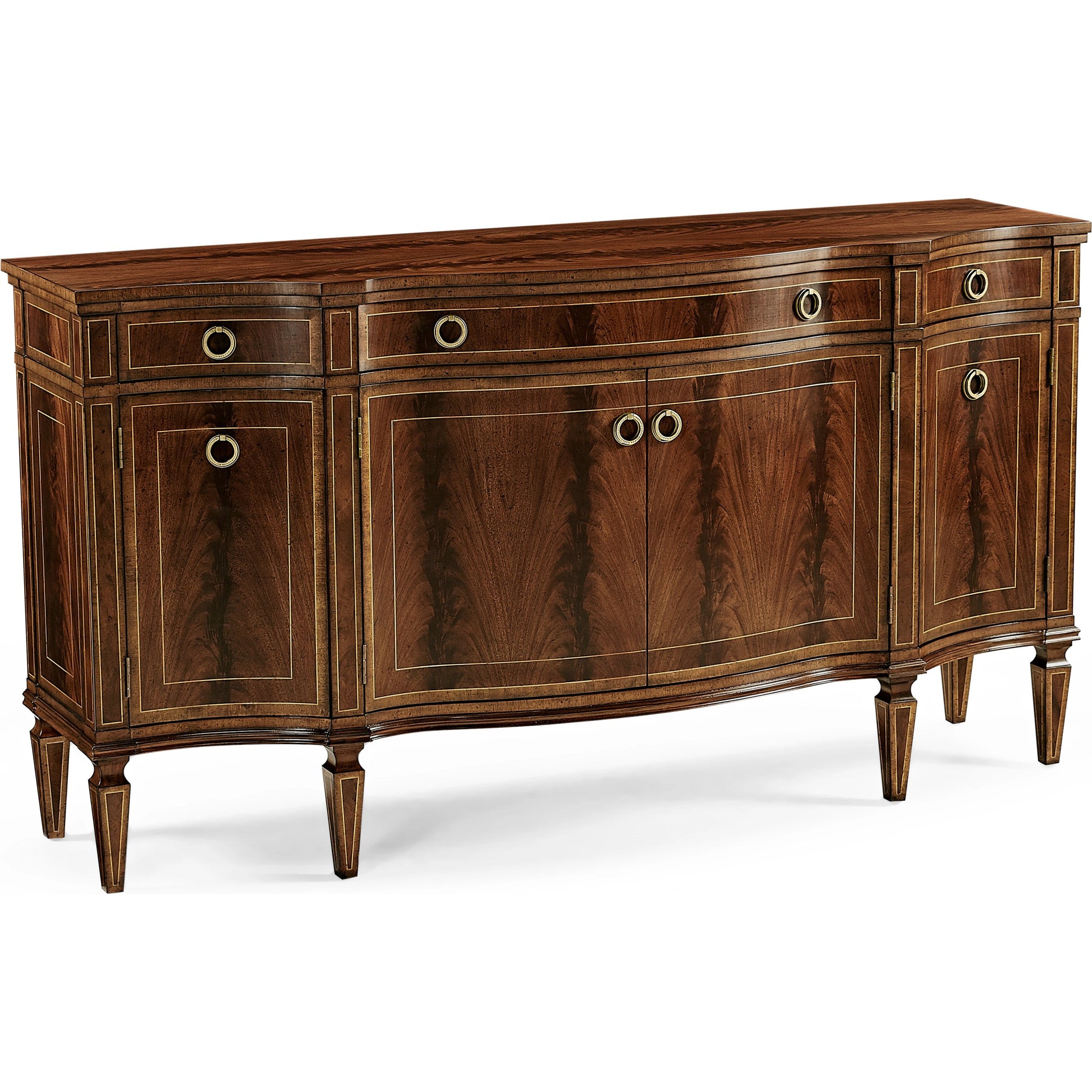 Buckingham Serpentine Mahogany Credenza by Jonathan Charles in brown and medium antique mahogany. Made from acacia in a traditional style.