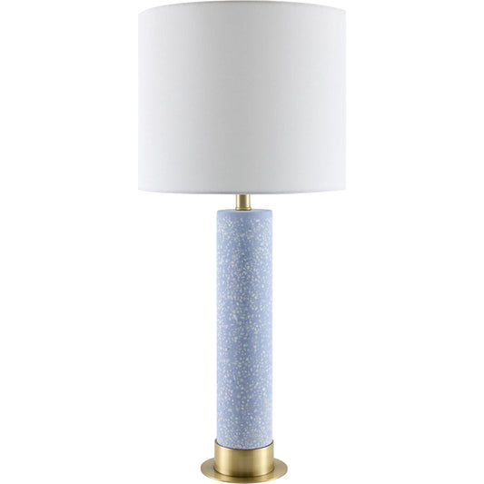 Nasima Accent Table Lamp - 538343 by Surya in body: blue, gold, base: blue, shade: white, finial: gold, harp: metallic - brass, cord: translucent and terrazzoterrazzoplatedplated. Made from cement, iron, linen, polyester in 