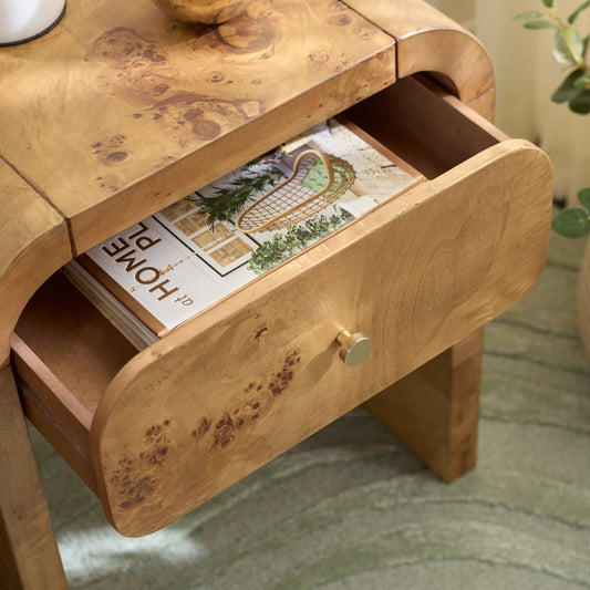 Clark 1 Drawer Nightstand by HedgeApple Essentials in natural. Made from wood, mdf, veneer, burlwood in a transitional style.