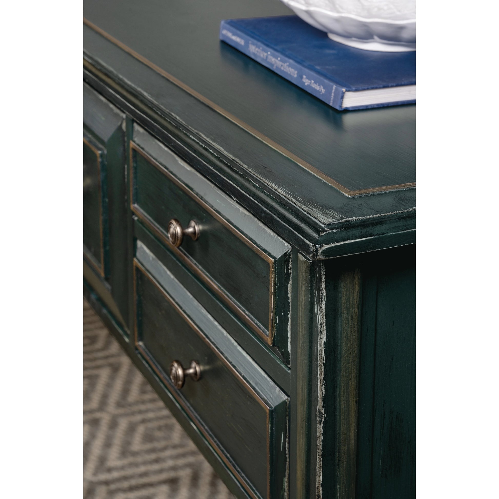Charleston Five-Drawer Console Table by Hooker Furniture in charleston green. Made from maple veneers in a transitional style.