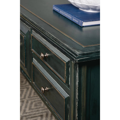 Charleston Five-Drawer Console Table by Hooker Furniture in charleston green. Made from maple veneers in a transitional style.