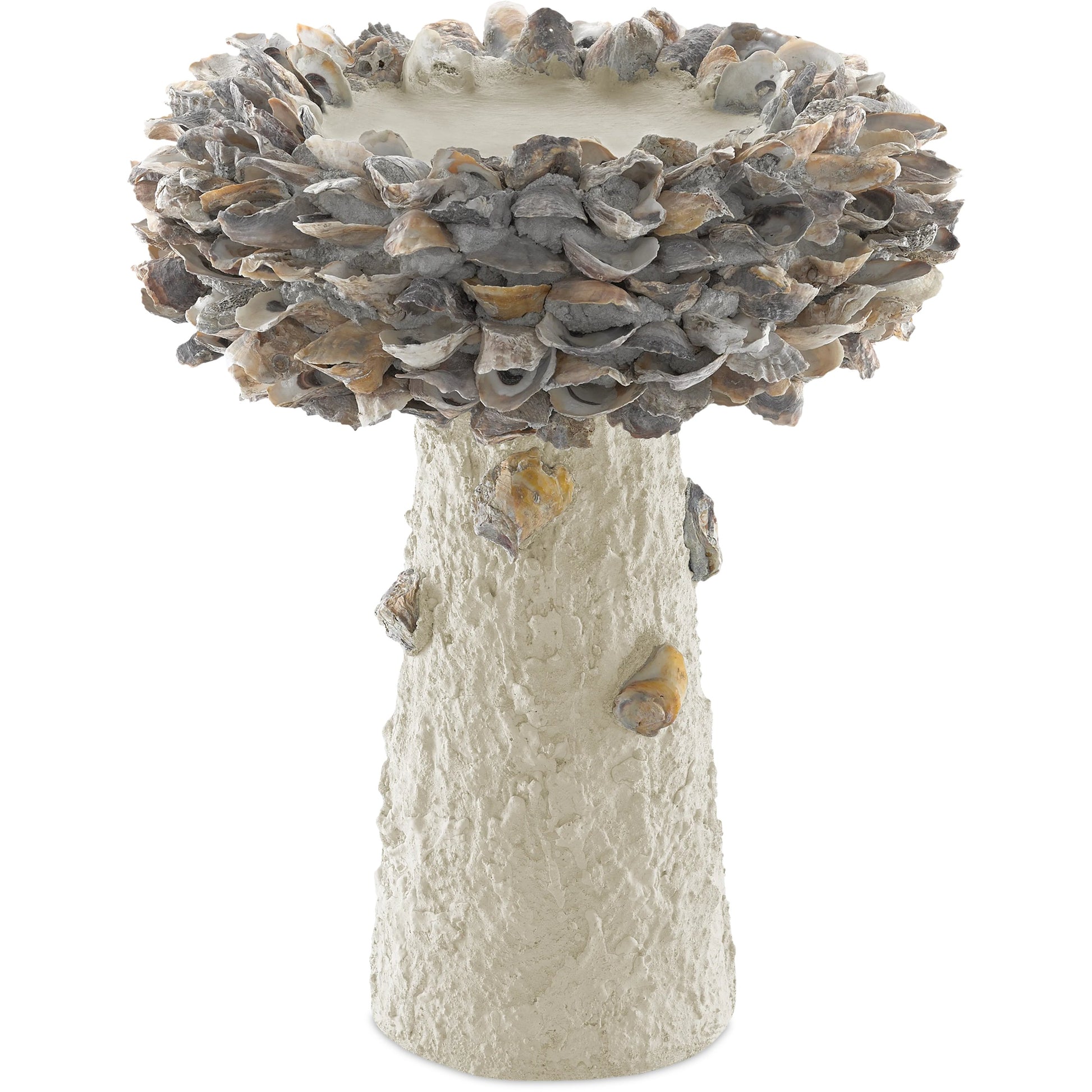 Oyster Shell Bird Bath by Currey and Company. Made from oyster shells, concrete, iron in a eclectic & global style.