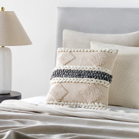 Anton NTO-002 Pillow by Surya in cream, khaki, charcoal, white. Made from 70% cotton, 15% viscose, 15% wool, 100% cotton in a eclectic & global style.