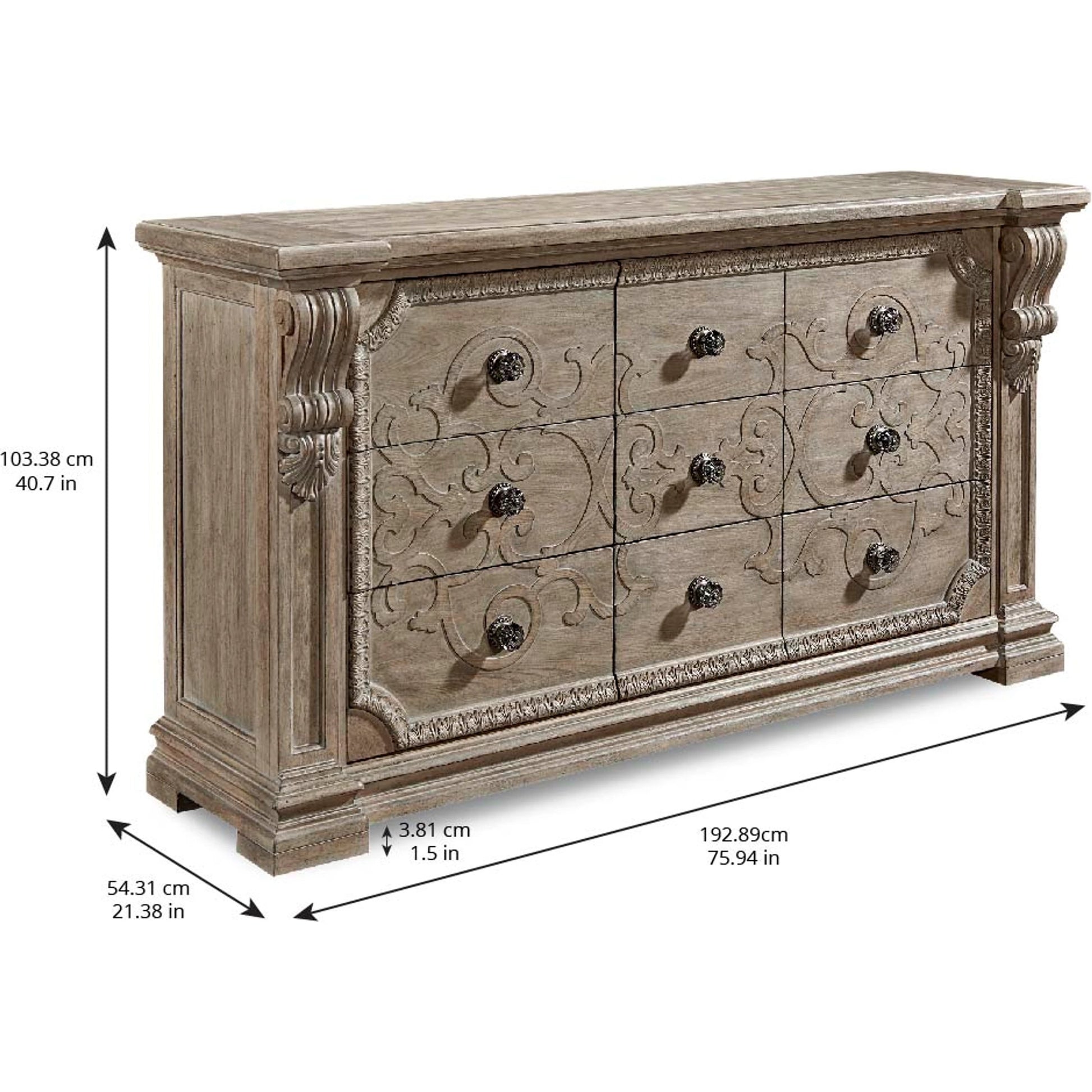 Arch Salvage Wren Dresser by A.R.T. Furniture in brown and parch. Made from parrawood solids, cathedral elm veneers in a traditional style.