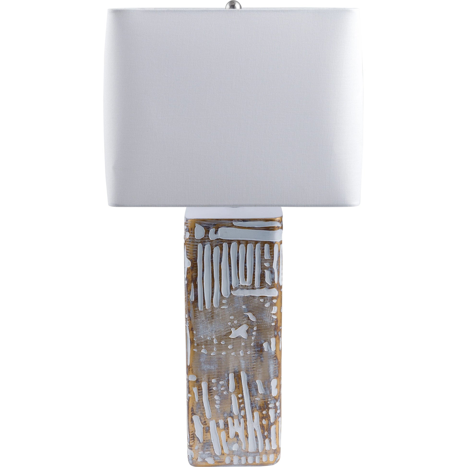 Nunda - 492814 by Surya in white, translucent, metallic silver, metallic nickel and painted. Made from body: resin, shade (outside): linen, shade (inside): linen, finial: metal in a modern style.