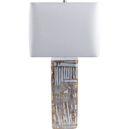 Nunda - 492814 by Surya in white, translucent, metallic silver, metallic nickel and painted. Made from body: resin, shade (outside): linen, shade (inside): linen, finial: metal in a modern style.