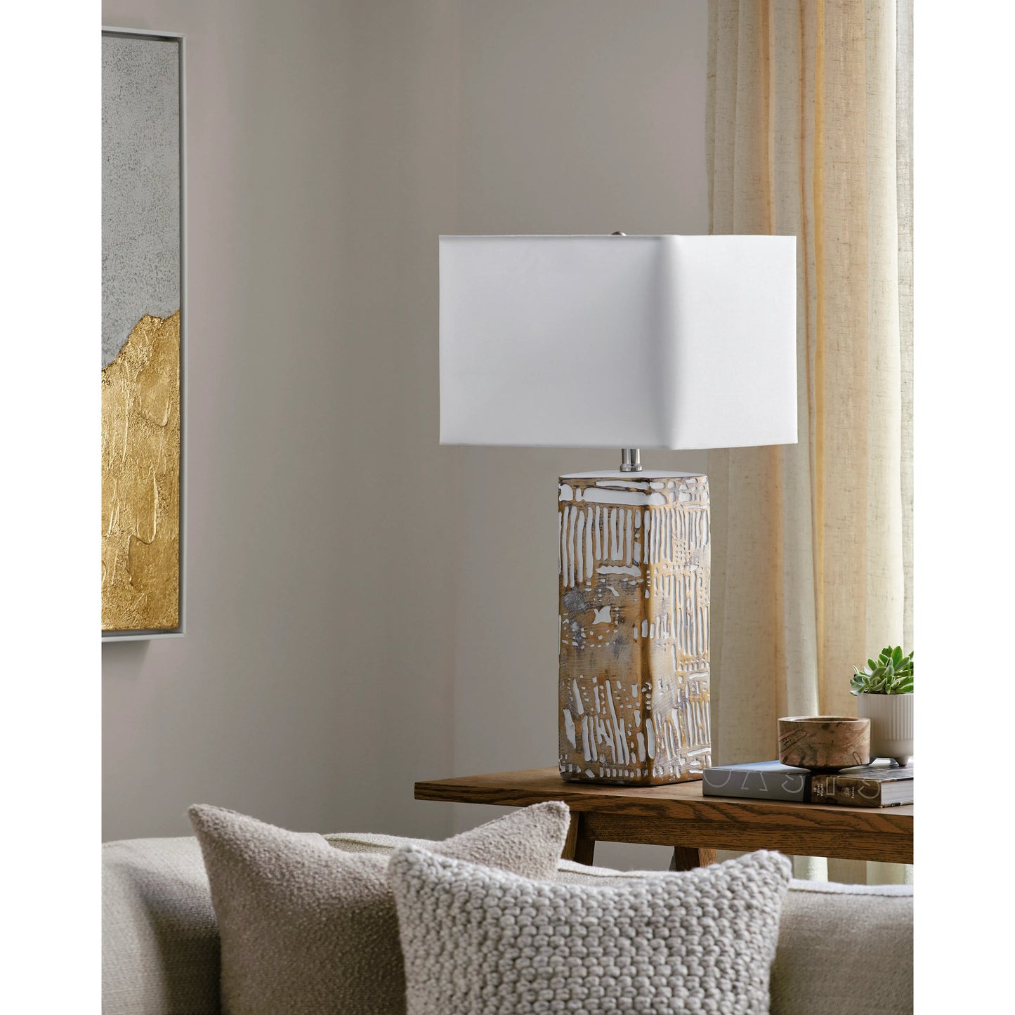 002 SI-2052669 | Lifestyle | Nunda - 492814 by Surya in white, translucent, metallic silver, metallic nickel and painted. Made from body: resin, shade (outside): linen, shade (inside): linen, finial: metal in a modern style.