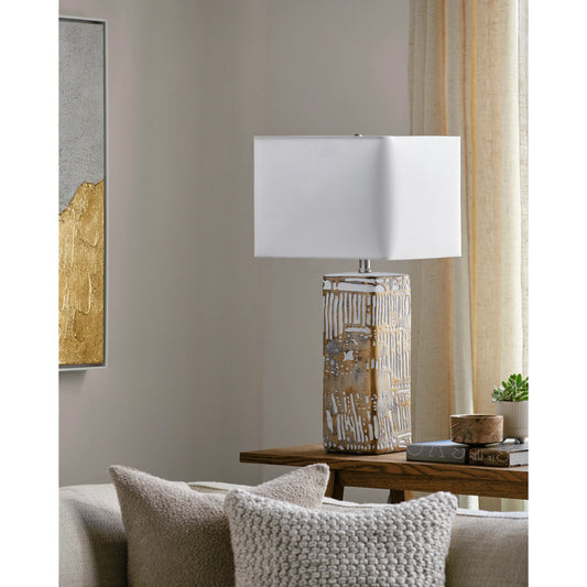 Nunda - 492814 by Surya in body: white, shade: white, finial: metallic - silver, harp: metallic - nickel, cord: translucent and painted. Made from body: resin, shade (outside): linen, shade (inside): linen, finial: metal in a m