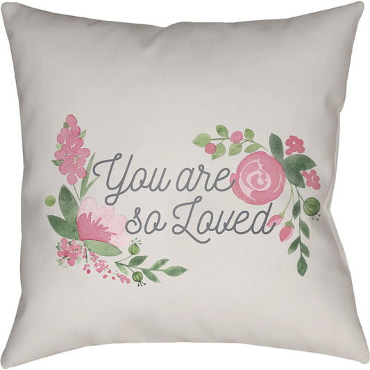 You Are Loved Pillow - 21717 by Livabliss in beige, pink, green, gray. Made from front: 100% polyester, back: 100% polyester in a traditional style.