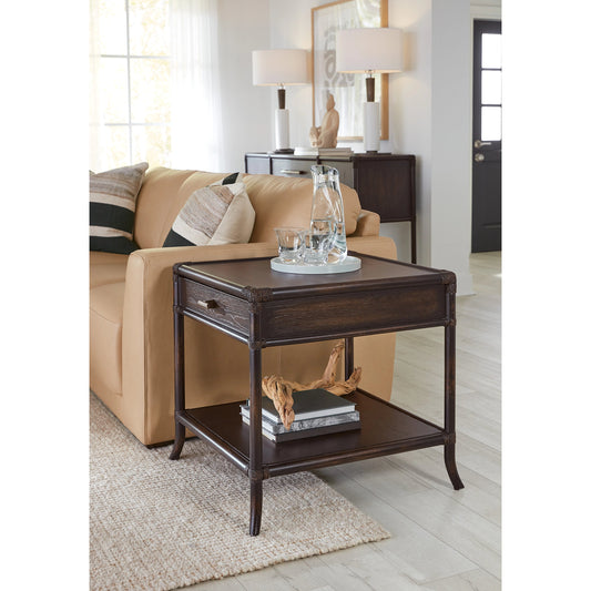 Retreat Pole Rattan End Table by Hooker Furniture. Made from oak, maple veneers with rope in a cottage & farmhouse style.