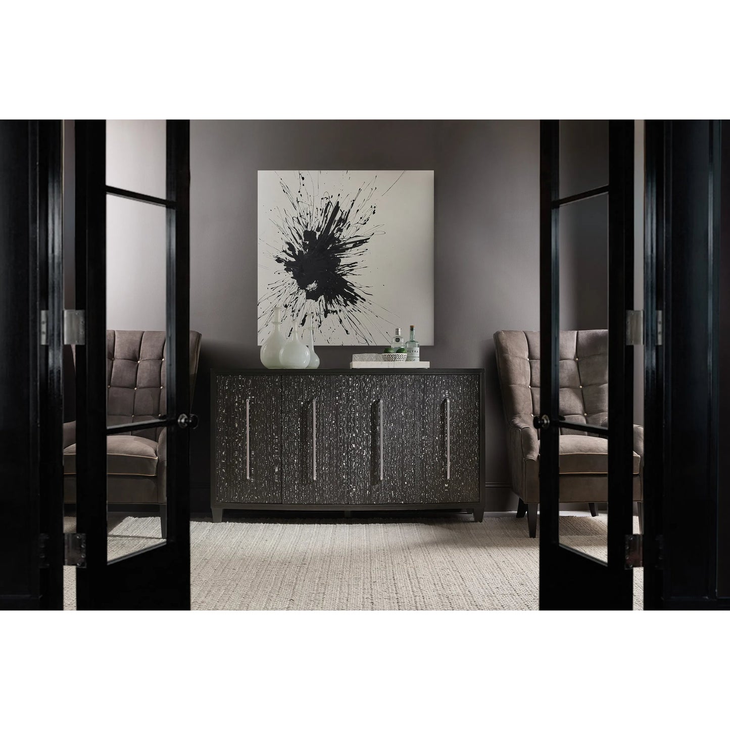 005 SI-2458427 | Lifestyle | Melange Midnight Credenza by Hooker Furniture in black, black white veneer. Made from oak veneers, engineered veneers, fabric, 100% polyester in a modern style.