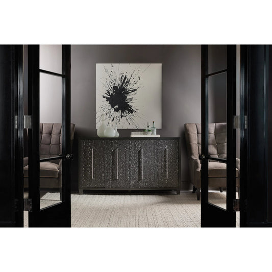 Melange Midnight Credenza by Hooker Furniture in black, black white veneer. Made from oak veneers, engineered veneers, fabric, 100% polyester in a modern style.