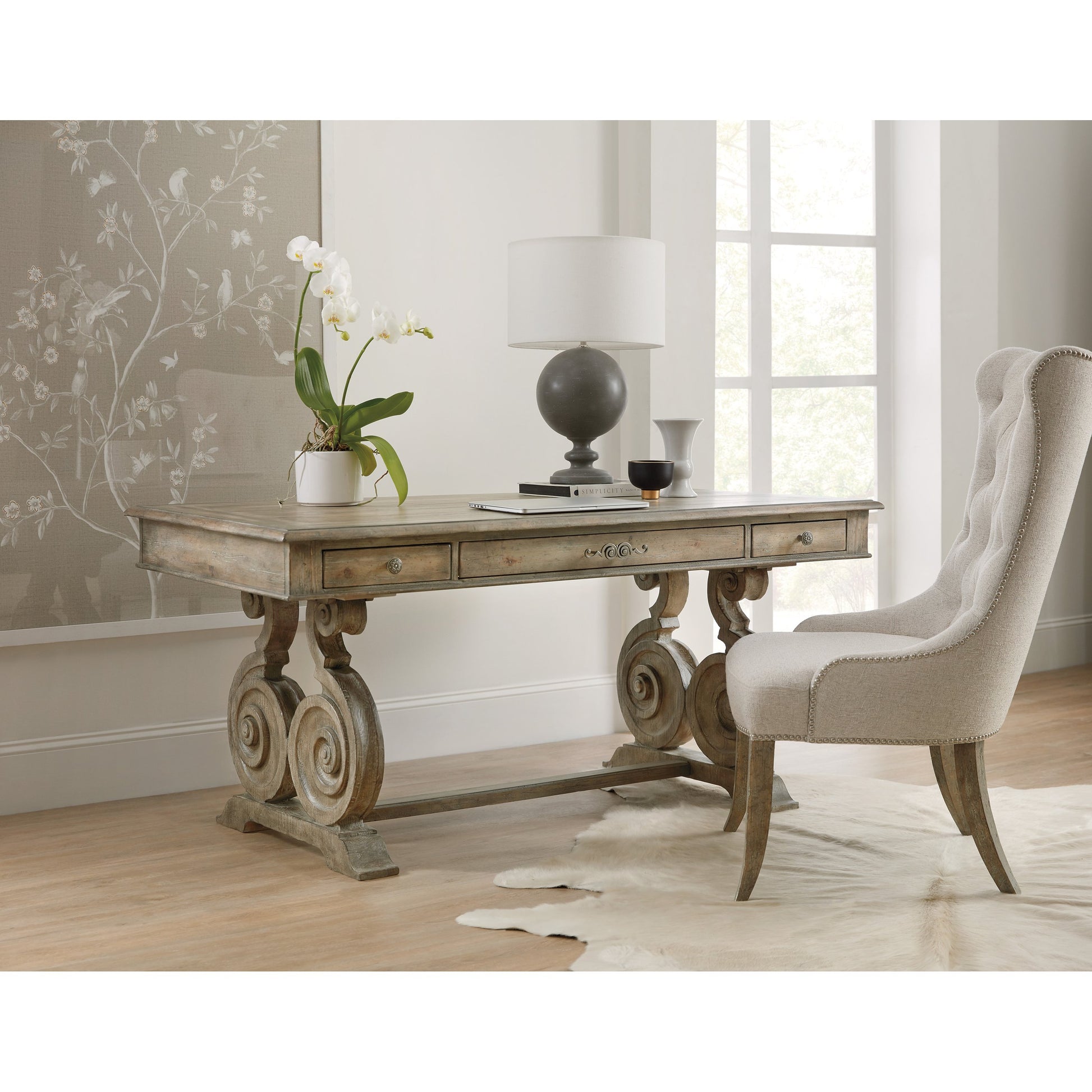 Castella Writing Desk by Hooker Furniture in antique slate. Made from pecan, quartered walnut, quartered black walnut, quartered ash, maple veneers in a traditional style.