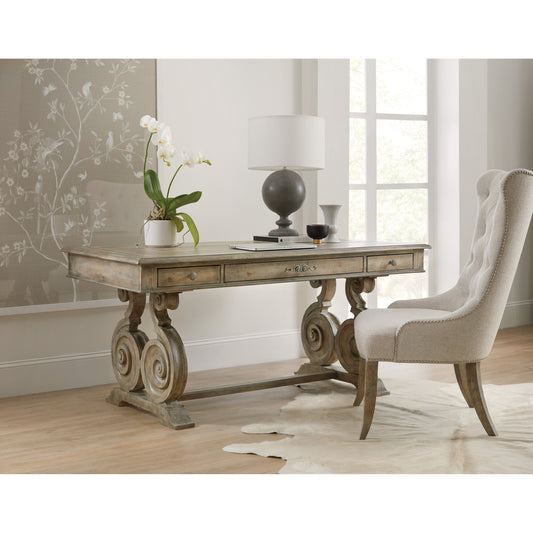Castella Writing Desk by Hooker Furniture in antique slate. Made from pecan, quartered walnut, quartered black walnut, quartered ash, maple veneers in a traditional style.