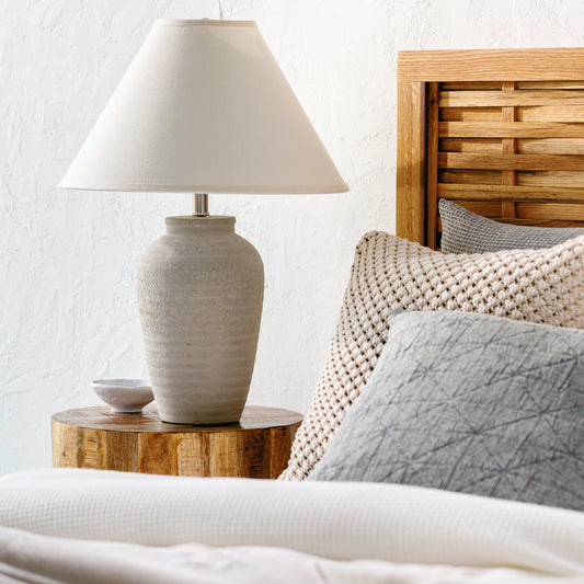 Navagio - 32217 by Surya in body: gray, shade (outside): beige, shade (inside): white, finial: metallic - nickel, harp: metallic - nickel, cord: translucent and naturalbrushed. Made from shade (outside): linen, shade (inside): 