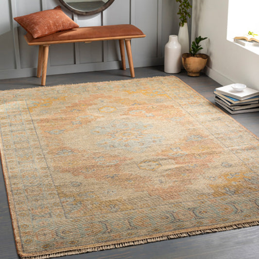 Nirvana Rug - 30240 by Surya in dusty coral, mustard, beige, medium gray, gray, charcoal. Made from 75% wool, 25% viscose in a unique style.