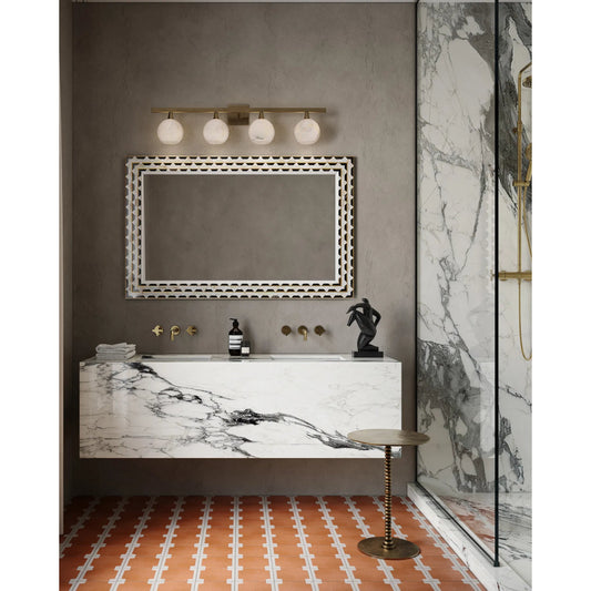 Macy Mirror by Currey and Company in natural, brass, mirror. Made from mother of pearl, horn, brass, glass in a modern style.