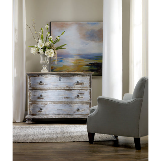 Chatelet Chest by Hooker Furniture in light blue. Made from pecan veneers, resin with solid-wood edge top in a cottage & farmhouse style.