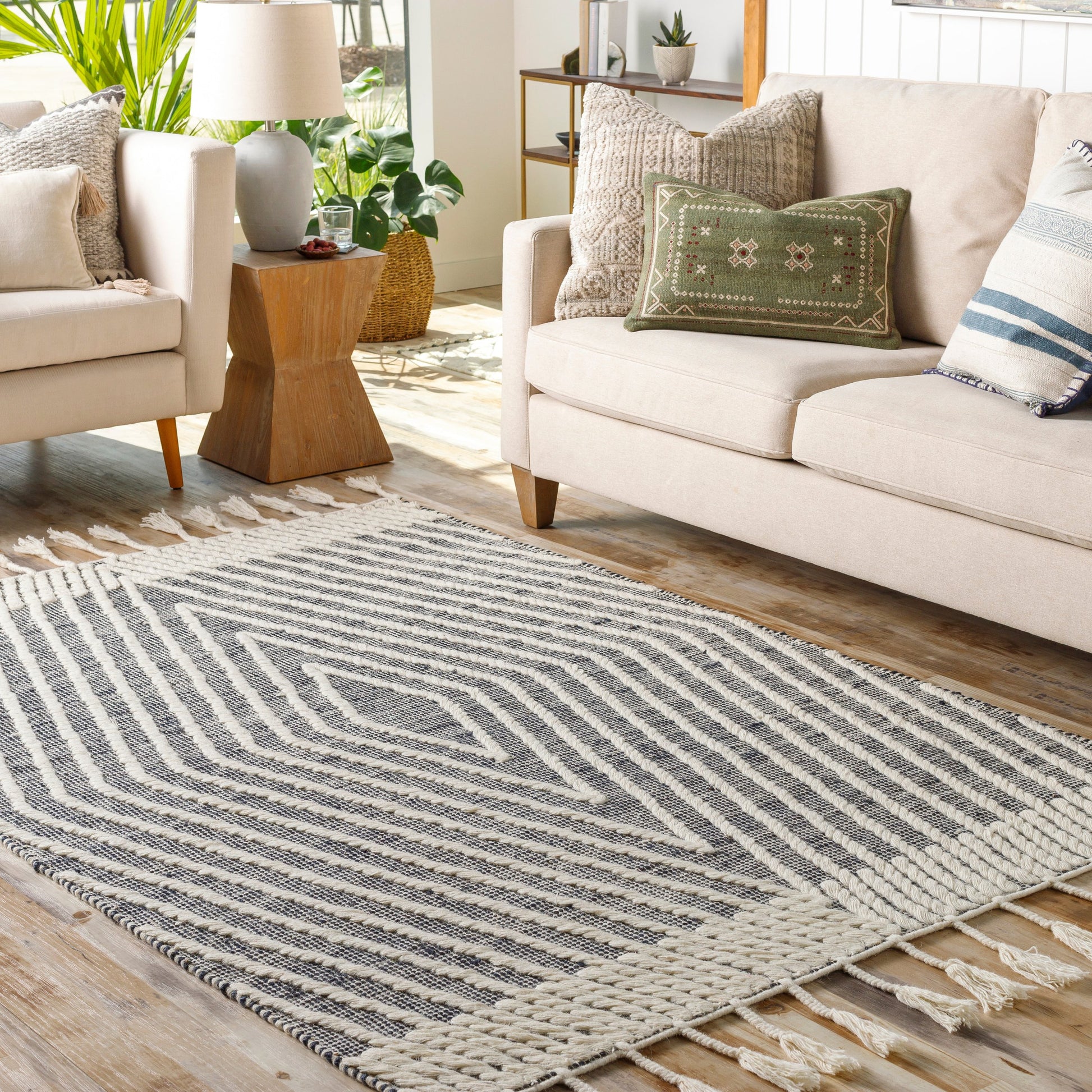 Norwood Rug - 27916 by Livabliss in black, ink blue, cream. Made from 60% jute, 40% wool in a unique style.