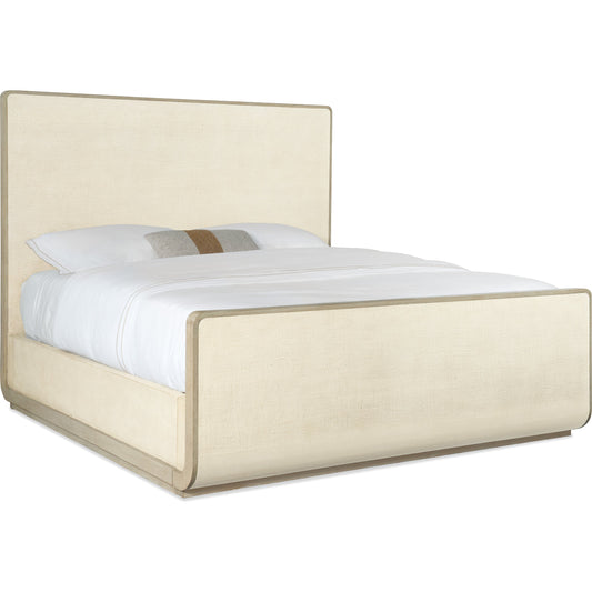 Cascade Sleigh Bed by Hooker Furniture in pebble beach, terrain. Made from white oak solids, burlap in a traditional style.