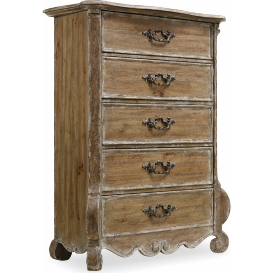 Chatelet Chest by Hooker Furniture in caramel froth. Made from pecan, cedar veneers, resin, wallpaper in a rustic style.
