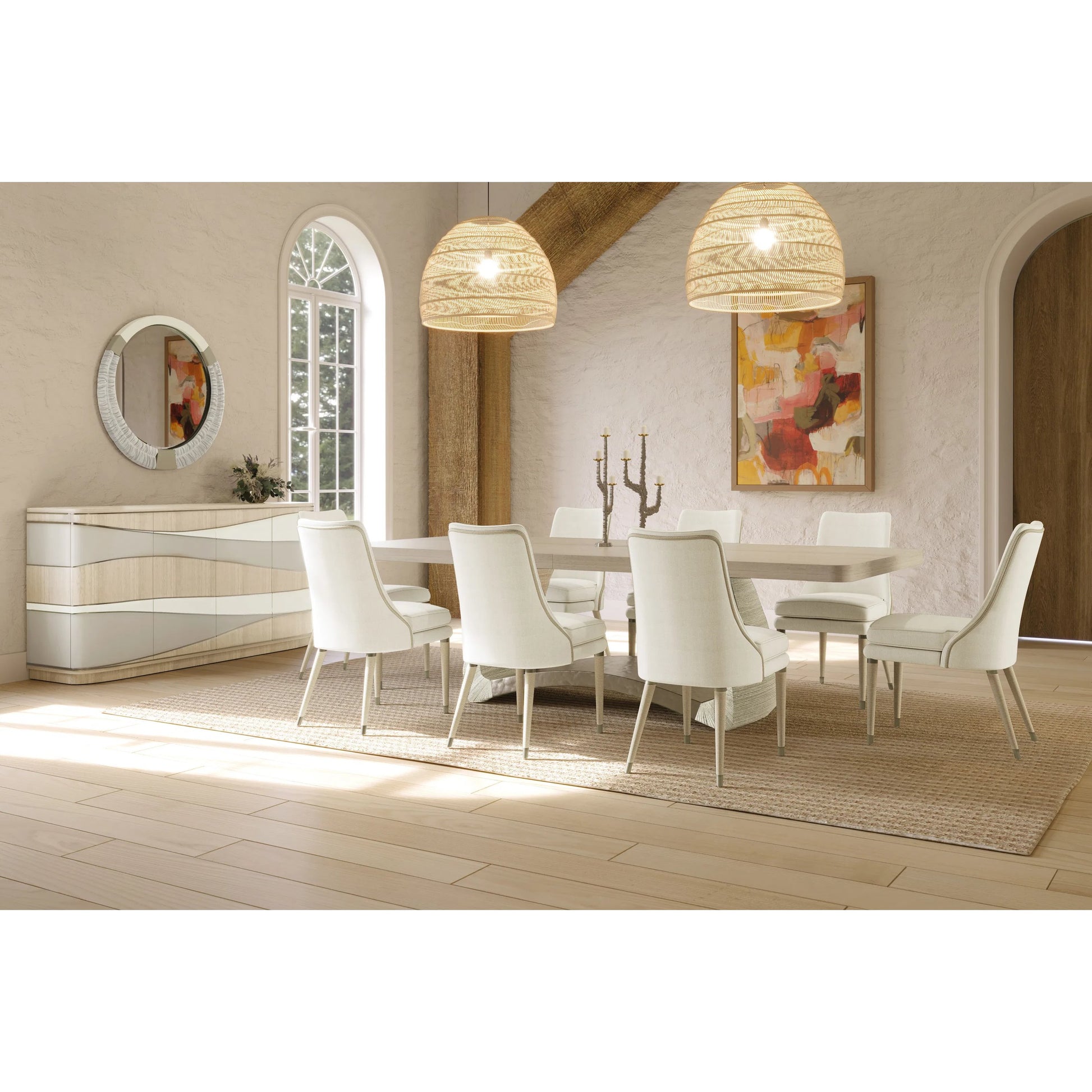 Water Breaker Mixed Media Credenza by Jonathan Charles in beige and ash blonde. Made from dyed koto veneer, bone, leather, metal in a transitional style.