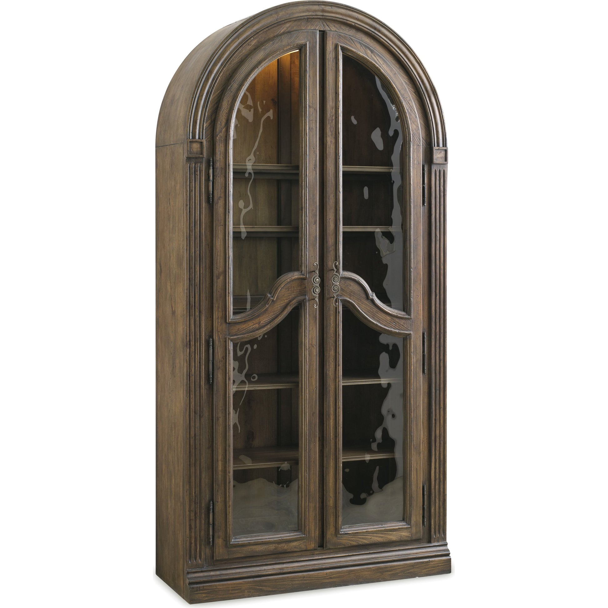 Rhapsody Curio Cabinet by Hooker Furniture in rustic walnut. Made from pecan veneers, metal, seeded glass, resin in a traditional style.
