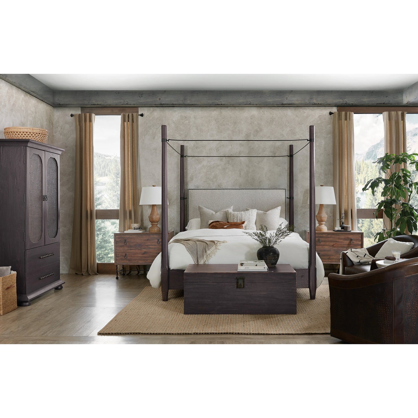 007 SI-1959528 | Lifestyle | Big Sky Small Wardrobe by Hooker Furniture in charred timber. Made from pecky hickory veneers, burlap in a traditional style.