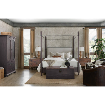 Big Sky Poster Bed by Hooker Furniture in beige and charred timber. Made from pecky hickory veneers, fabric, metal, nailheads in a modern style.
